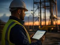 Site engineer in a hard hat entering a field report on a tablet