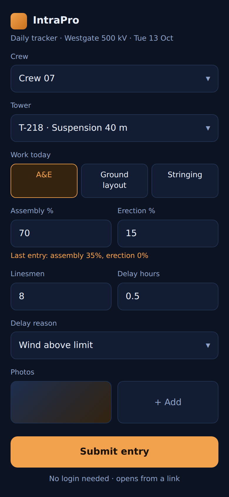 IntraPro daily entry form on a phone, with crew, tower, progress, hours and photo fields